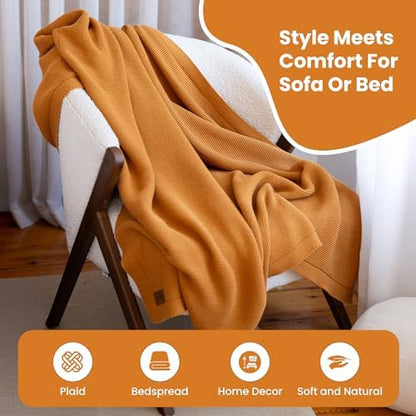 Dalisa 100% Organic Turkish Cotton Throw Blanket - GOTS Certified, Cozy - Perfect for Couch, Bed, and Home Decor - Boho Vintage Knit Alina (Saffron Gold, 60x80)
