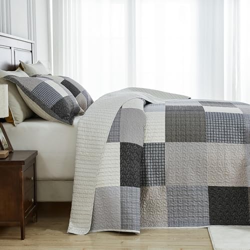 SahSahCasa 120"x120" 100% Cotton Oversized California King Quilt Bedspread Coverlet Set, Patchwork Plaid Cal King Quilted Bedspread Extra Large Quilt, XL Bed Spread Lightweight Comforter, Gray