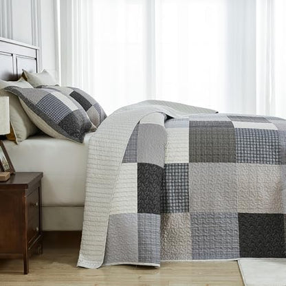 SahSahCasa 120"x120" 100% Cotton Oversized California King Quilt Bedspread Coverlet Set, Patchwork Plaid Cal King Quilted Bedspread Extra Large Quilt, XL Bed Spread Lightweight Comforter, Gray