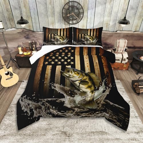 Vintage American Flag Comforter Set Full Size,Bass Fish Bedding Set for Kids Teens Men Adult Room Decor,Fishing and Hunting Quilt Set Black Brown Rustic Farmhouse Wood Striped Duvet Insert 3Pcs