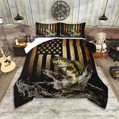 Vintage American Flag Comforter Set Queen Size,Bass Fish Bedding Set for Kids Teens Men Adult Room Decor,Fishing and Hunting Quilt Set Black Brown Rustic Farmhouse Wood Striped Duvet Insert 3Pcs