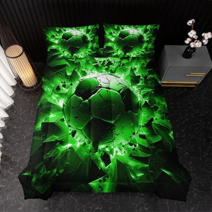 Nttopship Soccer Bedding Comforter Set Twin Size for Kids Teens and Adults, Black and Green Football Printed Bedding Sets 3 PCS,Ball Sports Themed Bedroom Decor with 1 Comforter and 2 Pillowcases