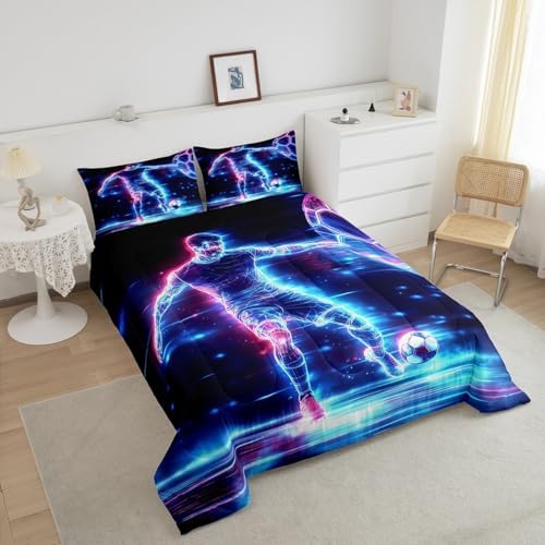 Castle Fairy Teens Soccer Player Comforter Set Queen Size,Football Bedding Set for Kids Boys Girls Bedroom Decoration,Neon Sports Soccer Bed Duvet Insert,Cool Ball Games Comforter with 2 Pillowcases