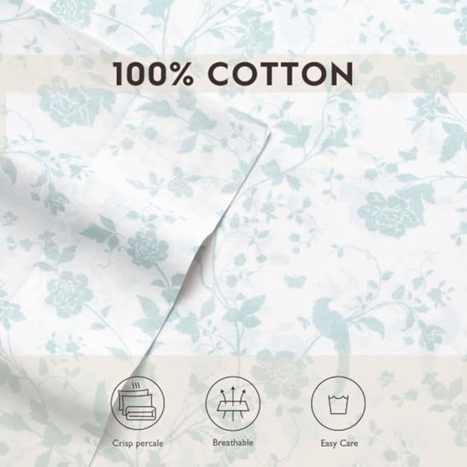 Laura Ashley Home - Standard Pillowcase Set, Cotton Sateen Bedding, Smooth & Wrinkle-Resistant (Garden Palace Aqua, 2 Piece)
