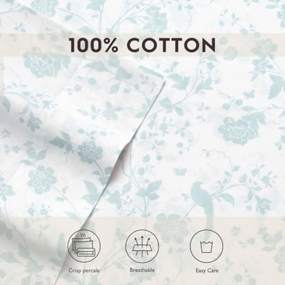 Laura Ashley Home - Standard Pillowcase Set, Cotton Sateen Bedding, Smooth & Wrinkle-Resistant (Garden Palace Aqua, 2 Piece)