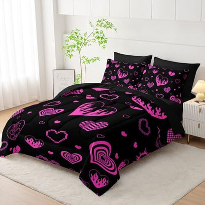 7Pcs Heart Comforter Set Pink Rose Printed Bedding Set with 1 Comforter, 1 Flat Sheet, 1 Fitted Sheet and 4 Pillowcases for Boys and Girls Bedroom All Season(Rose-2 King