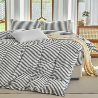 Striped Duvet Cover Set Queen Size 3 Pcs 100% Washed Cotton Linen Feel Bedding Set Soft Breathable (Queen, Classic Stripe-Dark Grey/White)
