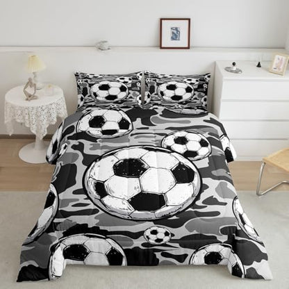 Castle Fairy Football Sports Comforter Set Twin Size for Kids Soccer American Ball Games Bedding Sets All Season Grey Camouflage Quilt Set Bedroom Decor Hexagon Geometric Down Comforter,2Pcs