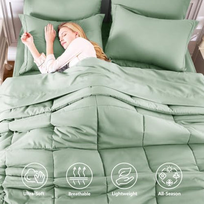 CozyLux Full Size Comforter Sets, 7-Piece Bed in a Bag, Sage Green