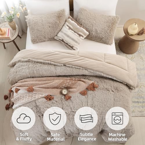 Smoofy Fluffy King Size Comforter Set, Oatmeal Faux Fur Comforter Set 3 Pcs