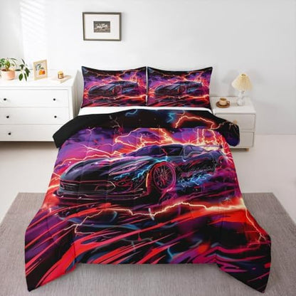 Feelyou Sports Car Comforter Set Queen Size Lightning Bolts Bedding Set for Kids Boys Girls Race Car Duvet Quilt Speed Sports Games Bedroom Decor Cool Modern Microfiber 3 Pcs with 2 Pillow Cases