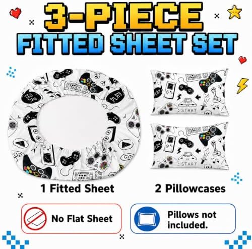 AILONEN Video Game Fitted Sheet Set,Boys Full Bed Sheet Set,Video Gamer Console Joystick Controller Bed Sheet Set,Computer Retro Arcade Play Gaming Sheet Set 3Pcs, 1 Fitted Sheet and 2 Pillowcases