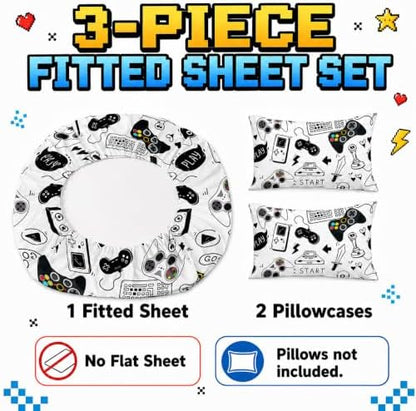 AILONEN Video Game Fitted Sheet Set,Boys Full Bed Sheet Set,Video Gamer Console Joystick Controller Bed Sheet Set,Computer Retro Arcade Play Gaming Sheet Set 3Pcs, 1 Fitted Sheet and 2 Pillowcases