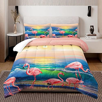 HOSIMA Flamingos Comforter Queen Size,Pink Wild Flamingo Bedding Tropical Beach Room Decor,Seaside Home Decor Hawaiian Vacation Style Bedding for Girls Kids with 2 Pillow Cases.