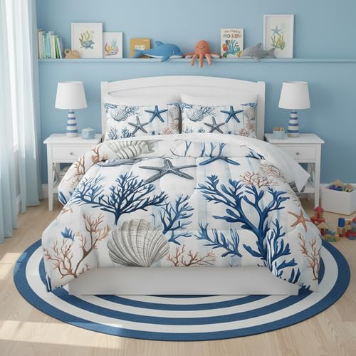 QOOMO Coastal 7 Pieces Comforter Set Twin Size,Coral Starfish Bedding Set