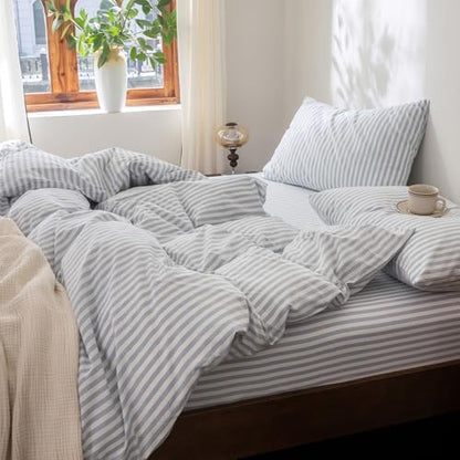 FOSSA Striped Duvet Cover Set 100% Washed Cotton Linen Feel Super King