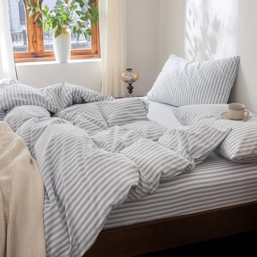 FOSSA Striped Duvet Cover Set 100% Washed Cotton Linen Feel Super King Plus