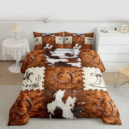 jejeloiu Cow Fur Print Kids Comforter Set King Size Animal Skin Bedding Set Checkered Duvet Quilt for Kids Boys Girls Bedroom Decor Microfiber Ultra Soft Breathable