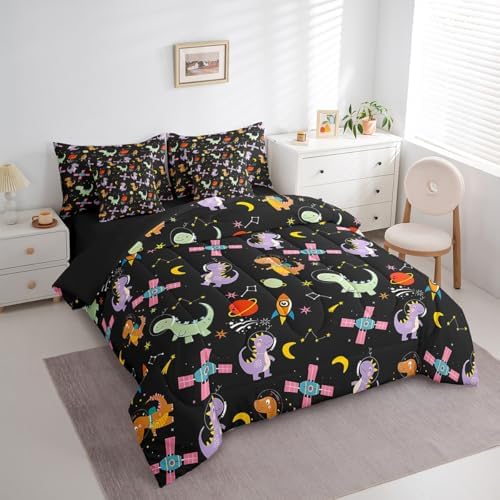 Feelyou Kids Cute Dinosaur 7 Piece Bedding Set Full Size Solar System Comforter Set with Sheets for Boys Girls Outer Space Bed in a Bag Moon Star Print Bed Set