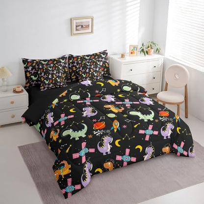 Feelyou Kids Cute Dinosaur 7 Piece Bedding Set Full Size Solar System Comforter Set with Sheets for Boys Girls Outer Space Bed in a Bag Moon Star Print Bed Set