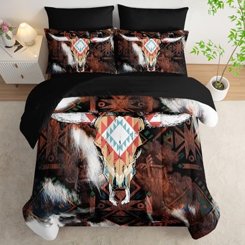 AILONEN Bull Skull Comforter Set Full Size,7-Piece Cattle Cowhide Cow Print Bed in a Bag,Western Cowboy Comforter & Fitted Sheet with Flat Sheet & 2 Pillowcases,2 Pillow Shams for Bedroom