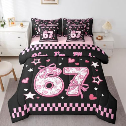 Erosebridal Cute Coquette Bow Full Bedding Set 7 Piece for Kids Girls Cartoon 67 Bowknot Comforter Set with Sheets Pink Checkered Plaid Number Print Bed in A Bag Girly Kawaii Six Seven Bed Set