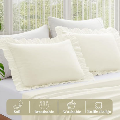 KKJIAF Ruffle Pillow Cases King Size Set of 2, Ruffled Pillow Covers with Envelope Closure, Wrinkle Resistant Ruffled Pillow Shams 20" x 36", Beige