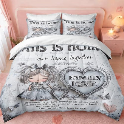 CCoutueChen Princess Comforter Set King Size, Shabby Chic Bedding with Silver Glitter Girl Butterfly Hearts Bedroom Decor, 3 Pcs 2 Pillowcases, 104"x90"