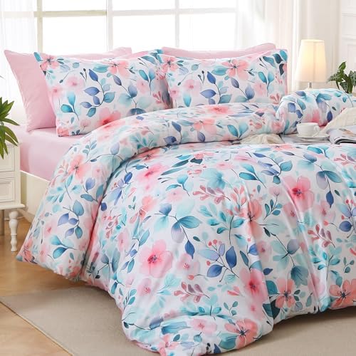 MUXHOMO Pink Blue Branch Bed in a Bag Queen 7 Pieces, Queen Comforter Set Reversible Botanical Flowers Design, Ultra Soft & Breathable Bedding Sets with Comforter, Sheets, Pillowcases & Shams