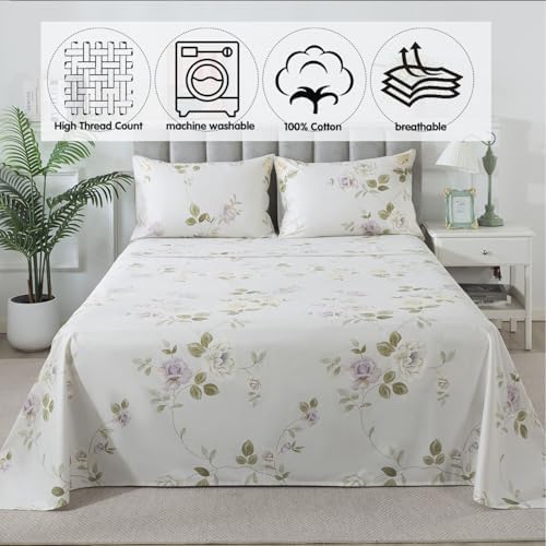 FADFAY King Sheets Set Percale Cotton Floral Bed Sheets Deep Pocket Fitted Sheet, Luxury Vintage Roses Flower Printed Shabby Bedding for All Season,Super Soft Crisp & Breathe,4pcs