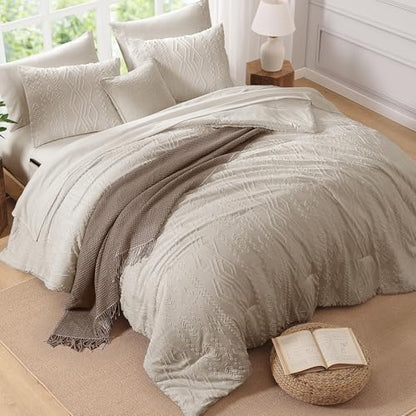 Full Size Comforter Set Beige Tufted Boho Bedding Sets Farmhouse 7 Piece