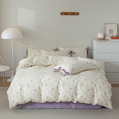 mixinni Lavender Flower Duvet Cover King Cotton Teenage Girls Flower Leaf Print 3pc Soft Cottage Ribbon Bedding Set Comforter Cover with Bowknot Pillowcase Perfect for Girls- (3pcs, King Size)
