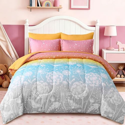 Dinjoy Girls Comforter Set 5 Pieces, Twin Size Colorful Ombre Rainbow Bedding Set, Bed in A Bag for Kid Teen Girls (1 Comforter, 1 Flat Sheet, 1 Fitted Sheet, 1 Pillow Shams, 1 Pillowcases)