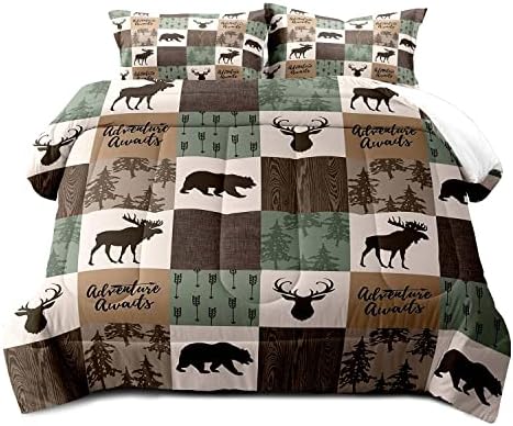 LUVIVIHOME 3PCS Rustic Cabin Comforter Set, Brown Sage Green Queen Comforter, Bear Deer Elk Moose Woodland Forest Animal Wildlife Country Farmhouse Lodge Bedding Sets Patchwork Quilt, 2 Pillow Shams