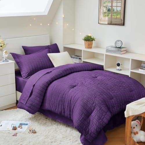 HYMOKEGE Dark Purple Twin Comforter Set Seersucker 5 Pieces, All Season Luxury Bed in a Bag for Bedroom, Bedding Set with Comforter, Sheets, Pillowcase & Sham