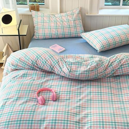 LifeTB Gingham Comforter Set Full Size Colorful Plaid Checkered Pattern Comforter Geometric Grid Plaid Printed Bedding Comforter Set with 2 Pillowcases Luxury Soft Fluffy Gingham Bedding Set Full