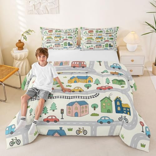Erosebridal Cartoon City Car Bedding Set Full Cute Bicycle Train Comforter Set for Kids Boys Girls Multicolor Cityscape Down Comforter Transportation Road & Railway Quilt Duvet