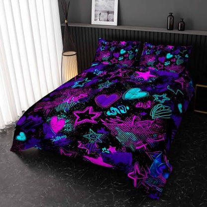 Nttopship Purple Stars Comforter Set King Size,Galaxy Starry Printed Bedding Set,Purple Heart Room Decor with Soft and Lightweight Comforter and 2 Pillowcases