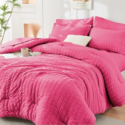 HYMOKEGE Hot Pink California King Comforter Set Seersucker 7 Pieces, All Season Luxury Bed in a Bag for Bedroom, Bedding Set with Comforter, Sheets, Pillowcases & Shams