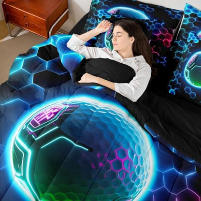 Erosebridal 3D Golf Twin Bedding Set - Sports Decor Bed in A Bag,Neon Geometric Honeycomb Comforter Sets with Sheets, Cool Gamer Style 7 Pieces Bed Set Bedroom Decor