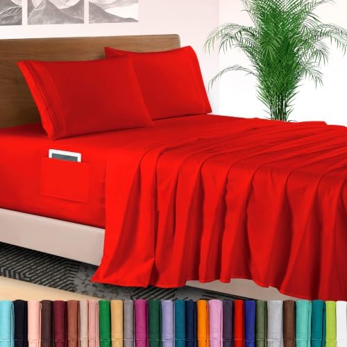 Elegant Comfort 4-Piece Bed Sheet Set - Luxury Bedding 1500 Premium Hotel Quality Microfiber, All Around Elastic 18-24 Inches Deep Fitted Sheet- Extra Deep Pocket Sheets, King, Red