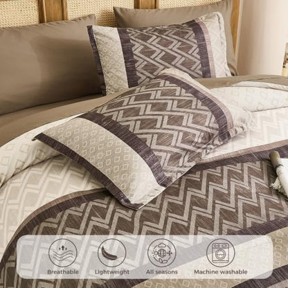 King 7-Piece Grey Brown Striped Comforter Set,Farmhouse Boho Bedding