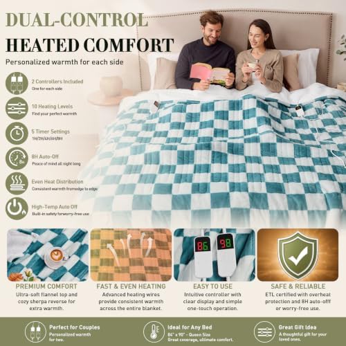 Electric Blanket Heated Queen Size, 84"X90" Dual Control, Teal
