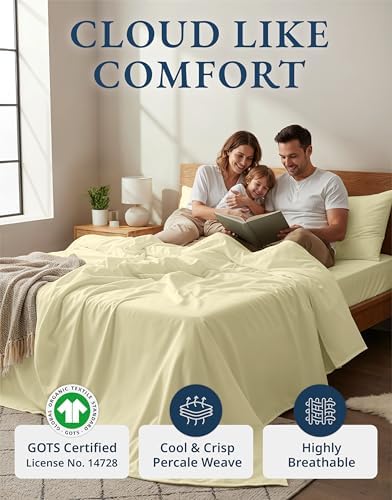 LANE LINEN Full Sheets 100% Organic Cotton 4pc Percale Cooling - Vanilla