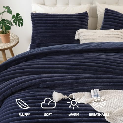 Smoofy Fluffy King Size Comforter 3 PCS - Navy Blue Fleece Bedding Set