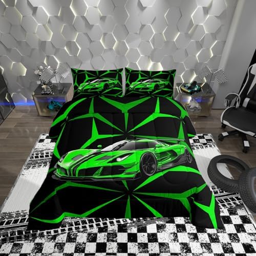 Castle Fairy Extreme Sport Theme Green Racing Car Bedding Set King Size,Abstract Geometric Lines Comforter Set for Teens Adult Men Bedroom,Race Car Ultra Soft Bedding Set with 2 Pillowcases,3Pcs