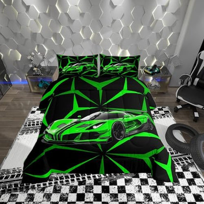 Castle Fairy Extreme Sport Theme Green Racing Car Comforter Set Full Size,Abstract Geometric Lines Duvet Sets for Kids Teens Adults Bedroom Decor,Race Car Microfiber Soft Bedding Comforter,3 Pcs