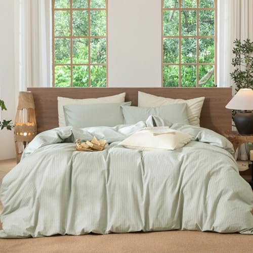 MooMee Striped Duvet Cover Set 100% Washed Cotton Linen Like Queen