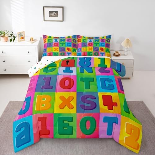 jejeloiu Number Learning Comforter Set Toddler Size Alphabet ABC Bedding Set for Kids Boys Girls Colorful Educational Duvet Quilt Bedroom Decor Microfiber 2 Pcs with 1 Pillow Cases