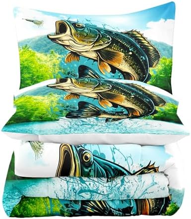 LUVIVIHOME 3PCS Fishing Comforter Set King Size, Bass Fish Bedding for Kids Boys, Forest Wildlife Hunting Animal Country Rustic Farmhouse Bedroom Decor, Soft Microfiber Quilt, 2 Pillow Shams